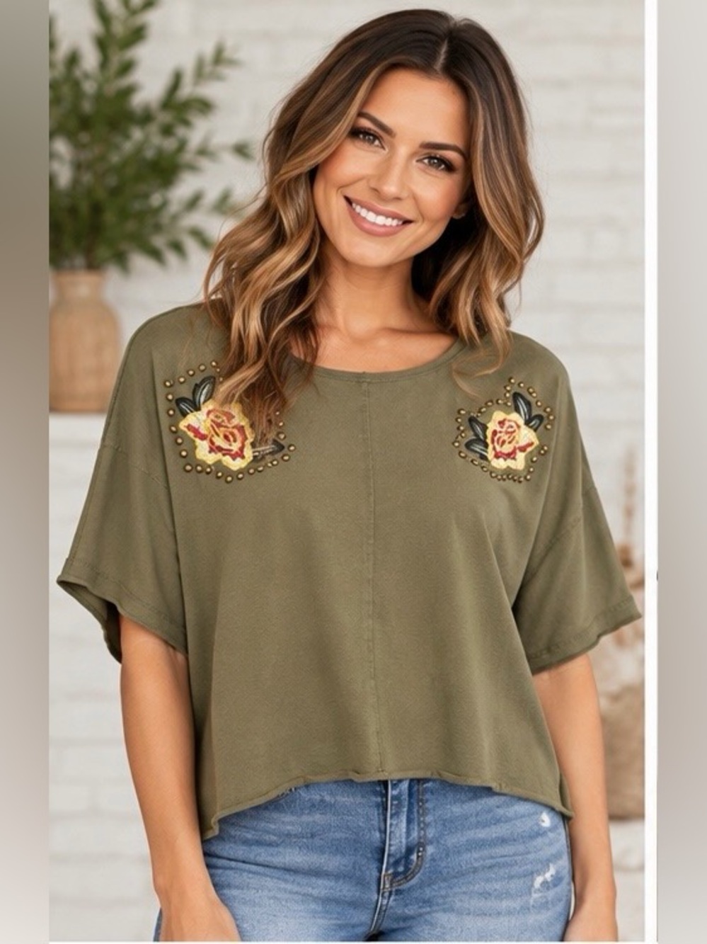 Dance & Marvel Olive Green Embroidered Rose Top - New